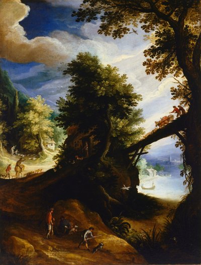Waldlandschaft mit einer Brücke und Jägern am Flussufer von Paul Brill